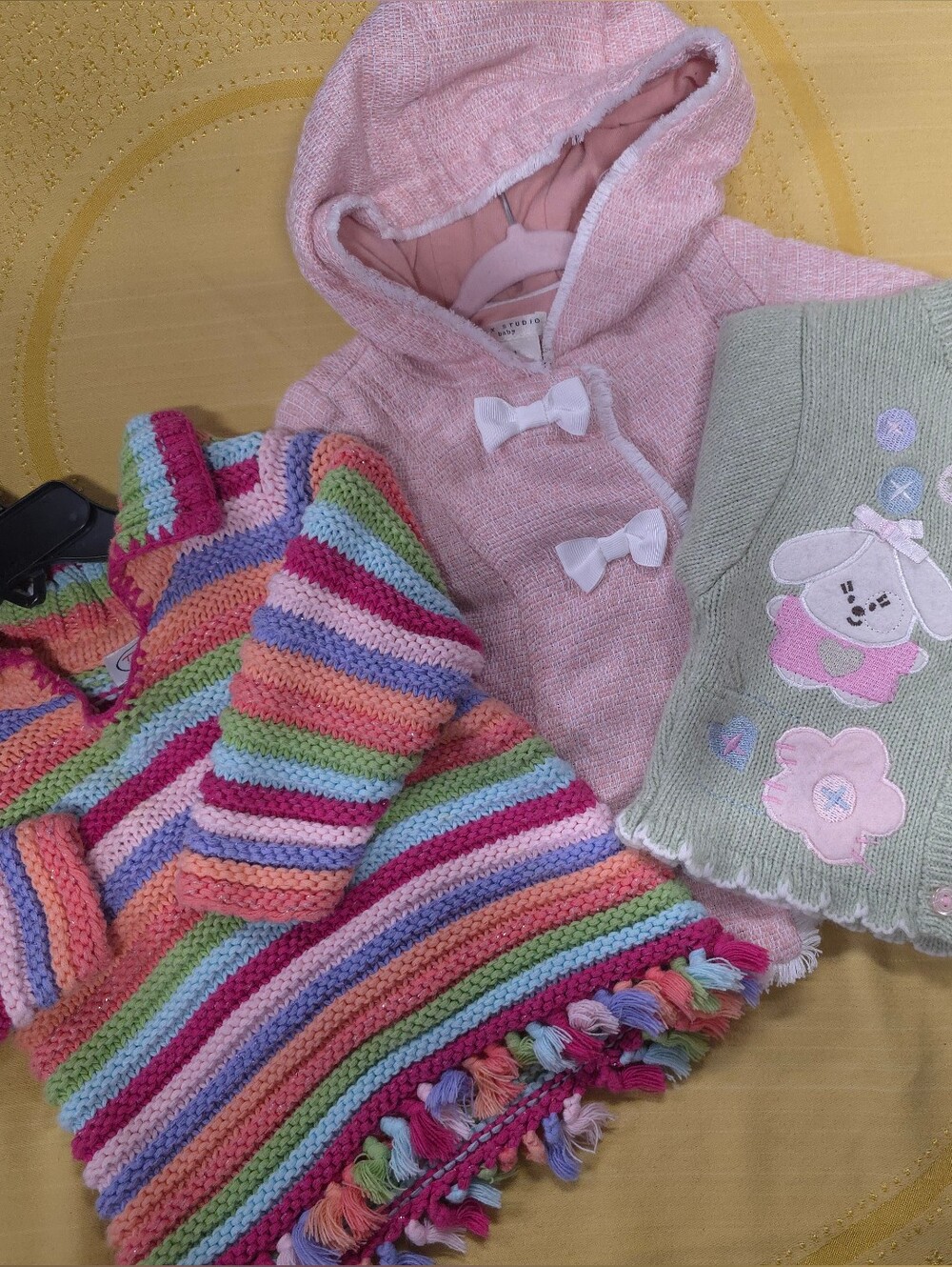 Multicolor Striped Sweater Dress, Pink Hooded Jacket, and Bunny Sweater